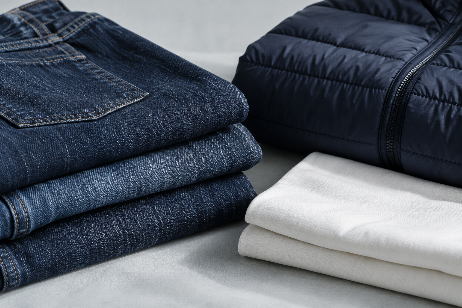 Illustrative arrangement of denim, quilted outerwear and cotton textiles